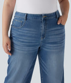 Jean casual grande taille Halara Flex™ tricot extensible délavé taille haute jambe large ourlet roulotté avec poches