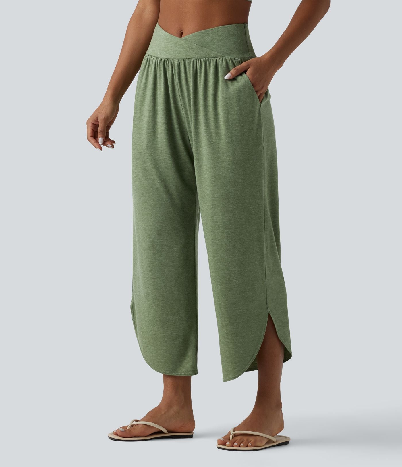 Pantalon décontracté taille haute croisé à ourlet courbe avec poches