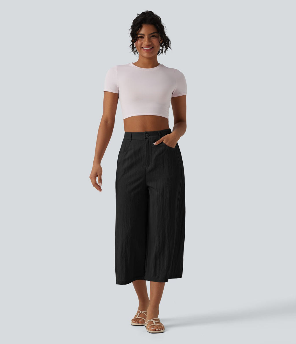 Pantalon large décontracté court taille haute avec poches