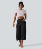 Pantalon large décontracté court taille haute avec poches