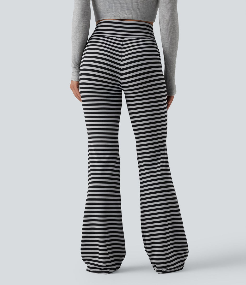 Pantalon évasé décontracté taille haute gainant à rayures en tissu gaufré avec cordon de serrage et poches