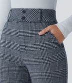 Halara Flex™ Pantalon tailleur évasé à carreaux pied-de-poule, taille haute avec boutons décoratifs et poches latérales