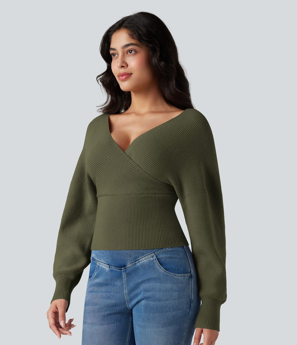 Pull col V manches chauve-souris longues à découpes