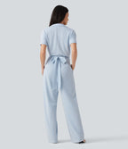 Combinaison-chemise accès facile Easy Peasy en coton froissé rayé à manches courtes, cache-cœur, lien au dos et poches
