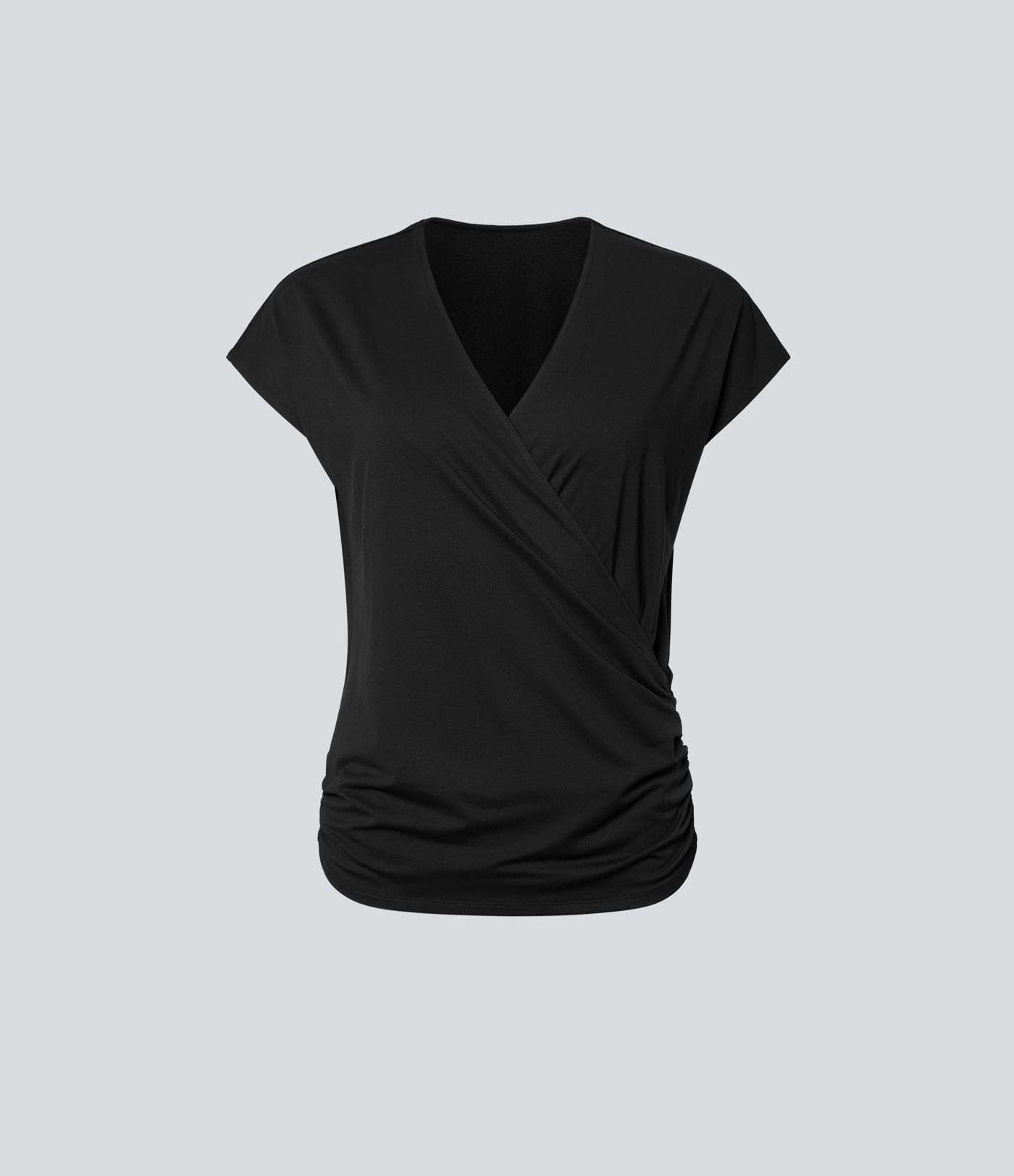 Blouse Travail Unie Froncée Croisée Manches Courtes Col en V