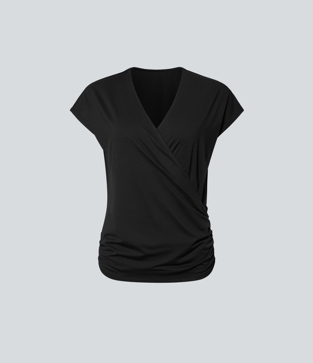 Blouse Travail Unie Froncée Croisée Manches Courtes Col en V