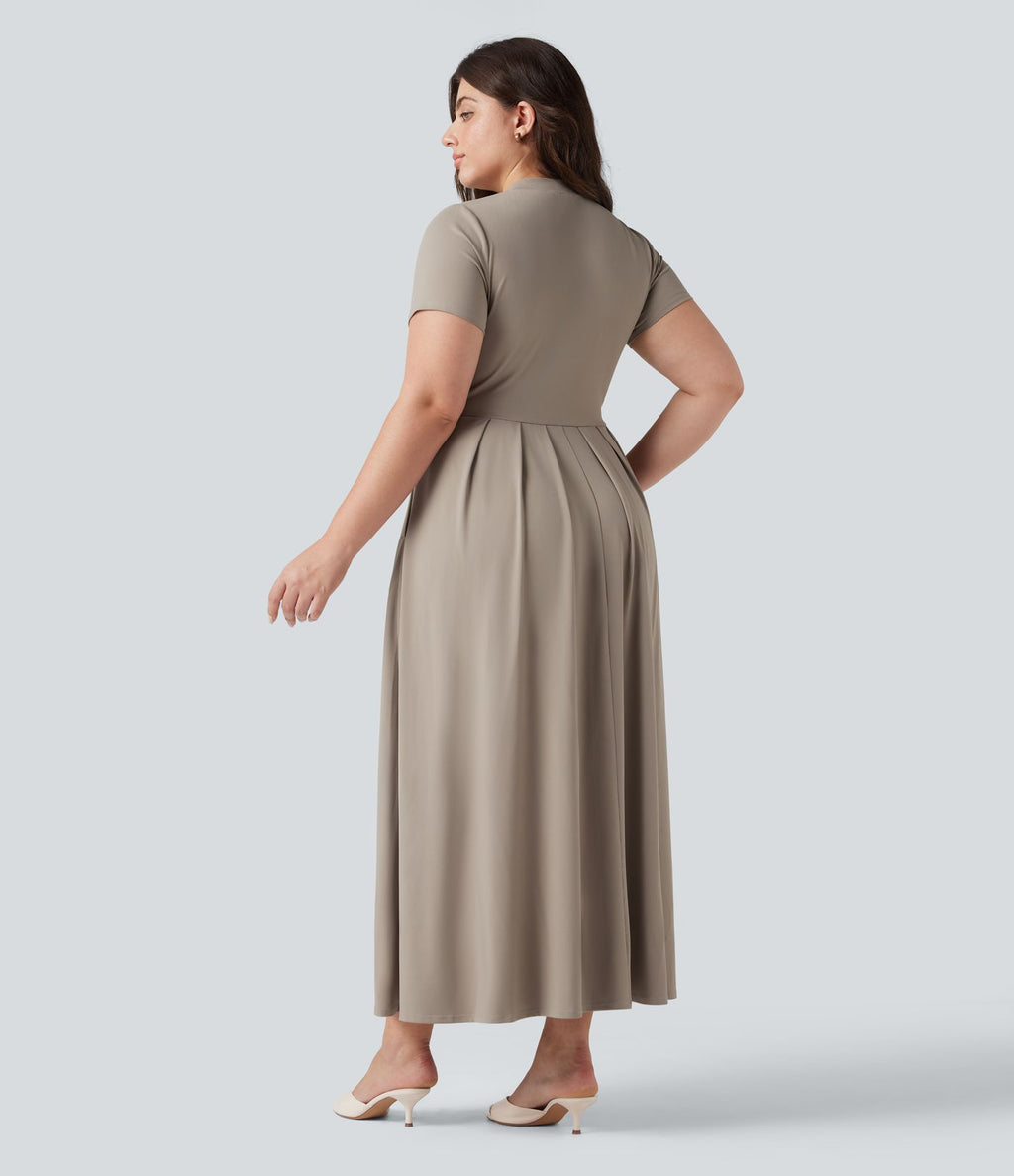 Robe longue évasée décontractée grande taille col officier manches courtes avec poches