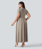Robe longue évasée décontractée grande taille col officier manches courtes avec poches