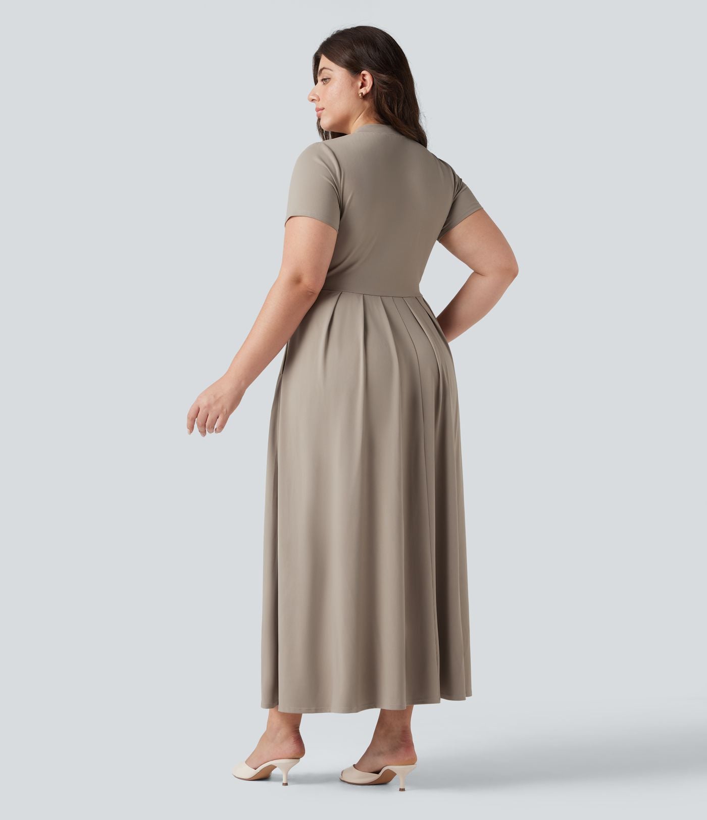 Robe longue évasée décontractée grande taille col officier manches courtes avec poches