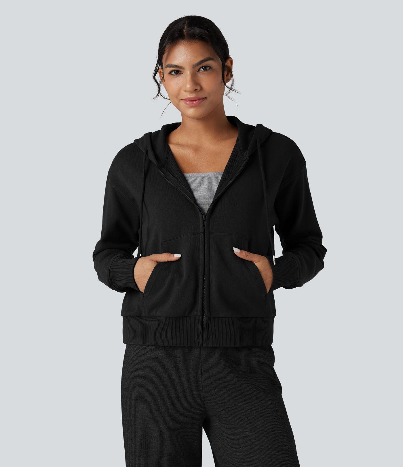 Sweat-shirt coton décontracté à capuche avec fermeture éclair et poches
