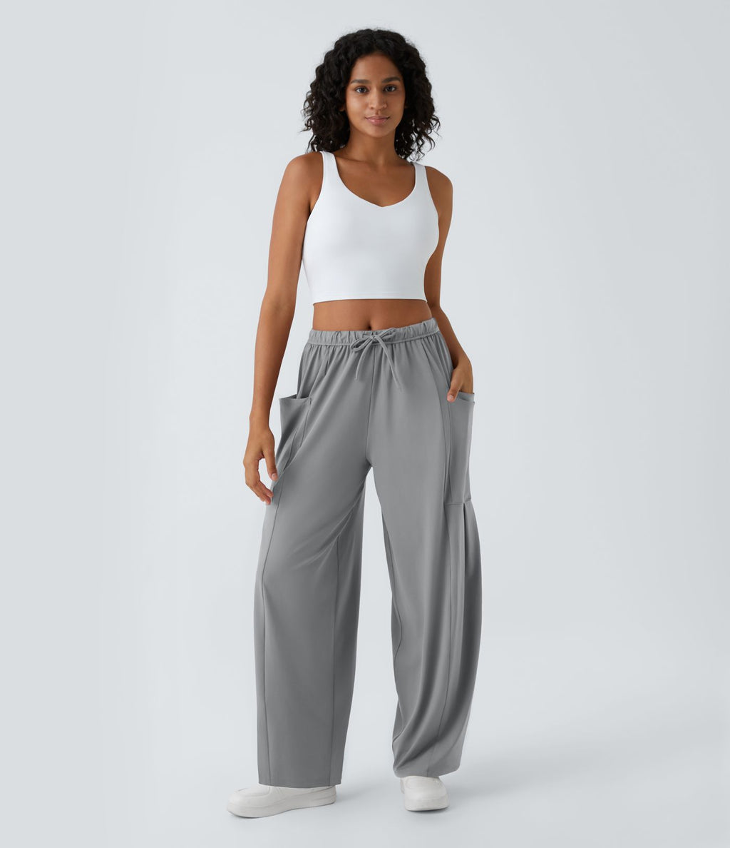 Pantalon Large Fluide Taille Mi-Haute Taille Élastique Cordon Poches Latérales Ourlet Flottant