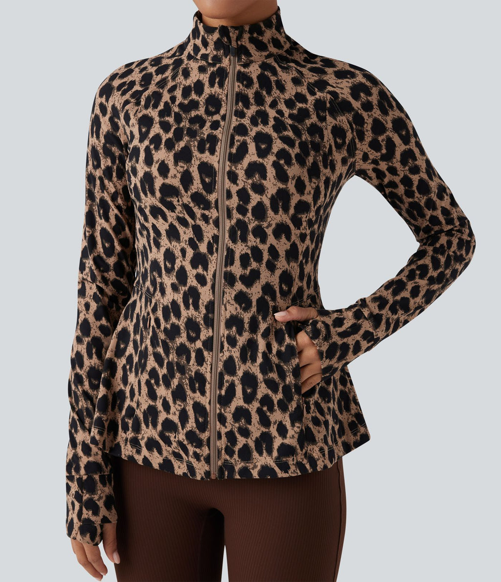 Veste décontractée Halara UltraSculpt™ imprimé léopard col montant manches longues avec trous pour pouces et poches