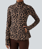 Veste décontractée Halara UltraSculpt™ imprimé léopard col montant manches longues avec trous pour pouces et poches