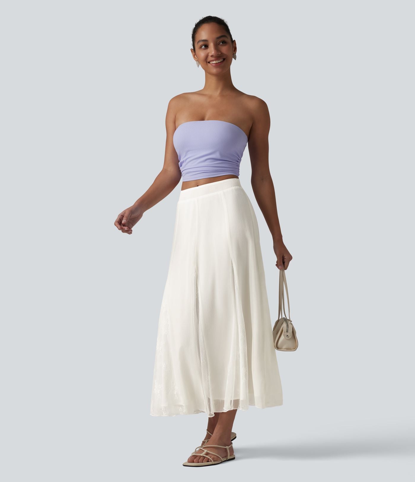 Jupe midi fluide taille haute en mousseline avec dentelle contrastée et fermeture éclair invisible