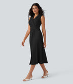 Robe mi-longue tailleur col V liens dans le dos sans manches