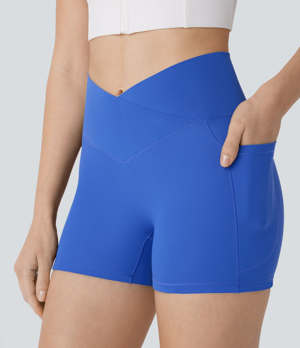 Short Biker de Yoga Softlyzero™ Taille Haute Croisée avec Poches Latérales, Antidérapant 7,5 cm - Protection UPF50+