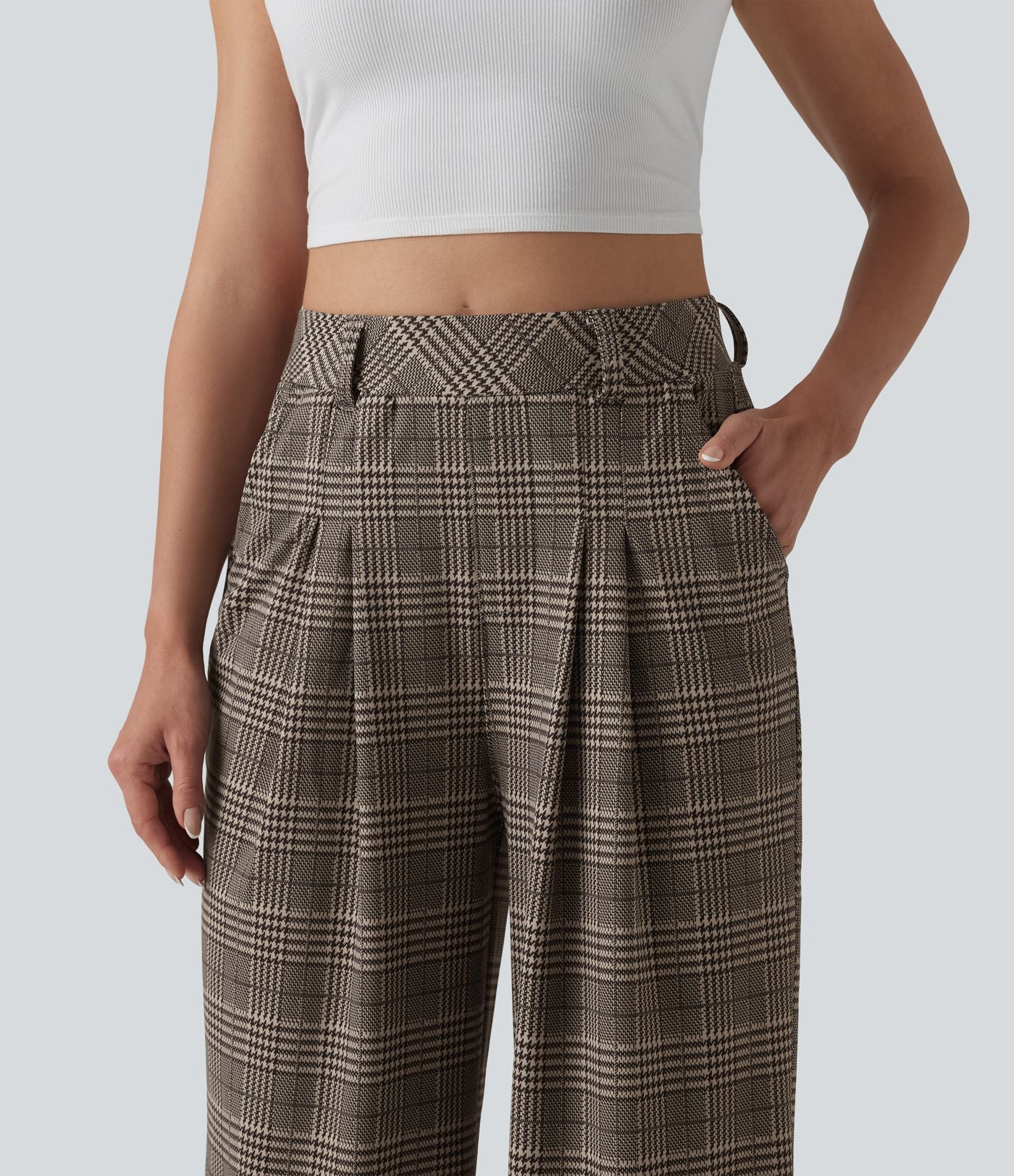 Pantalon large taille haute à carreaux pied-de-poule avec poches
