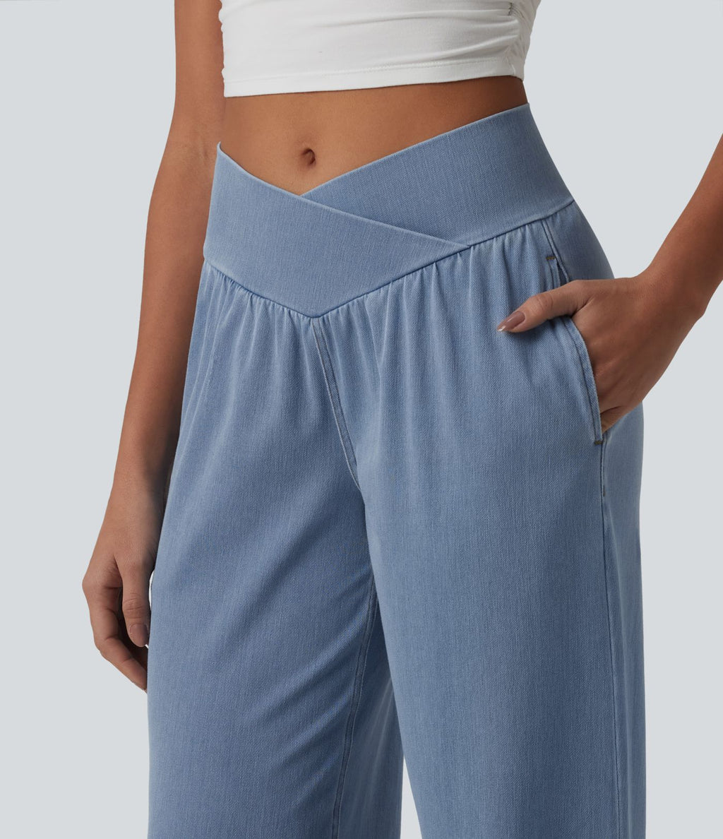 Halara Flex™ Jogging décontracté en denim taille mi-haute croisé avec cordon de serrage et poches