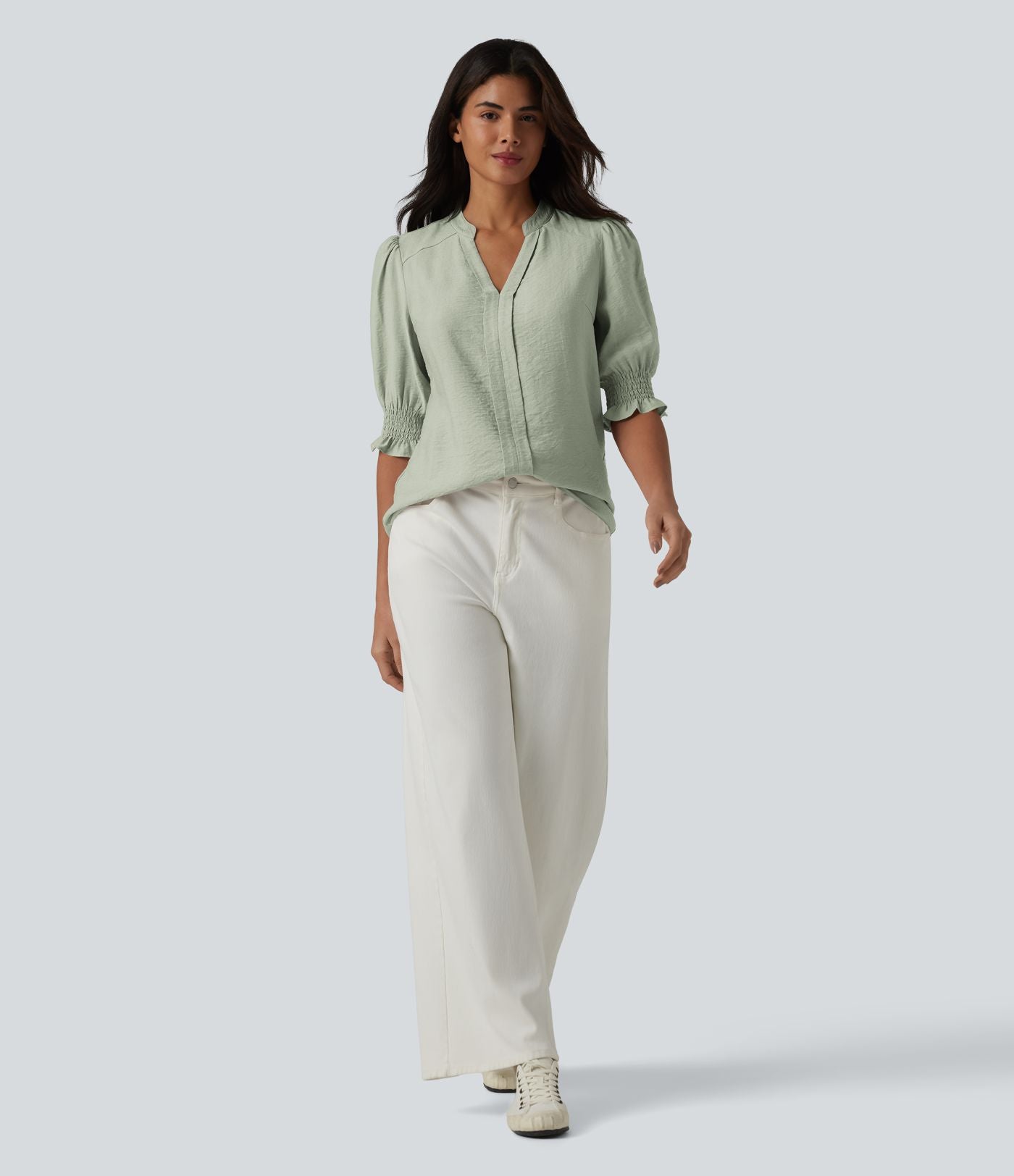 Blouse décontractée à col en V et manches courtes bouffantes