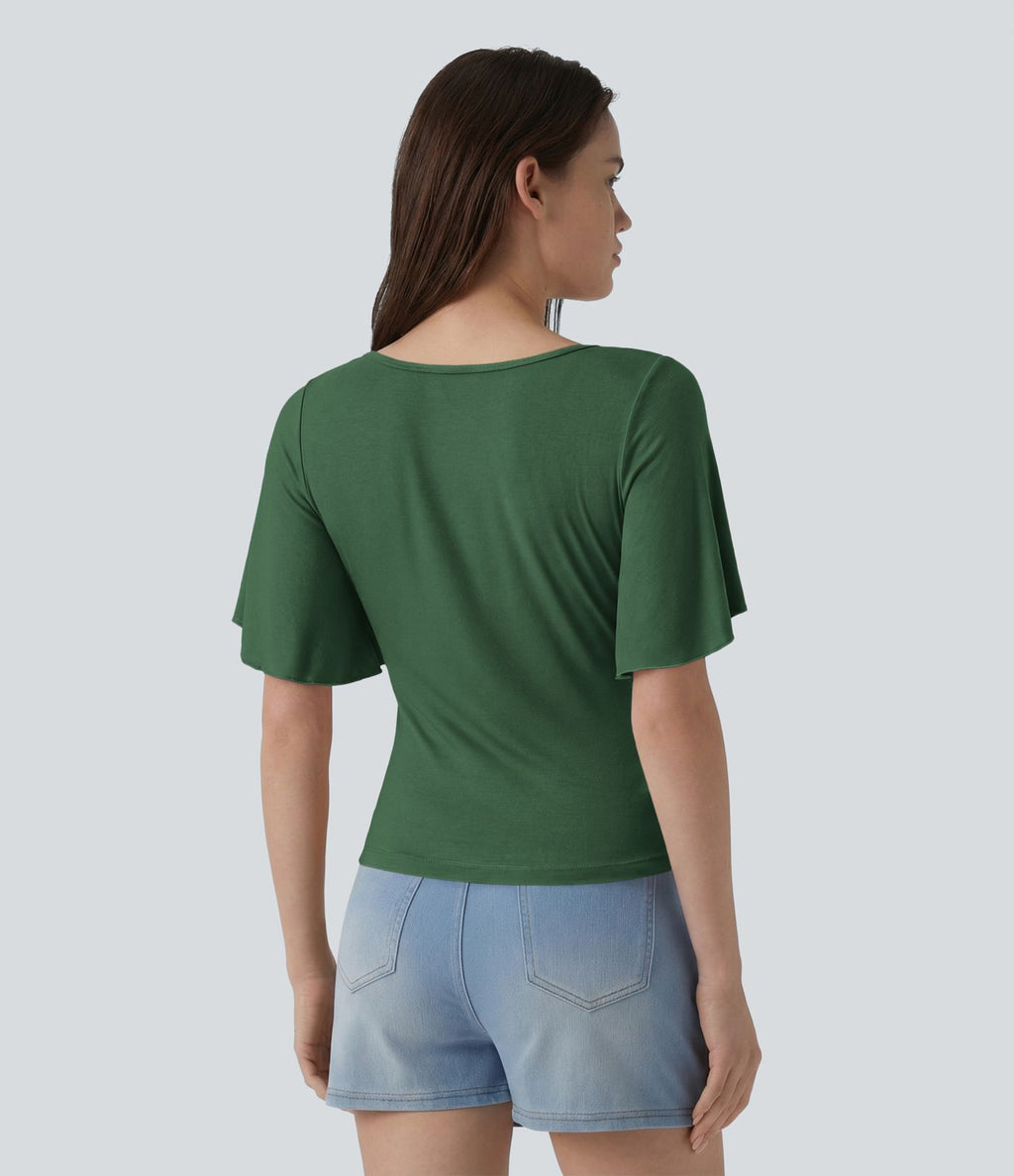 T-shirt décontracté maille côtelée col carré manches papillon froncé