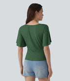 T-shirt décontracté maille côtelée col carré manches papillon froncé