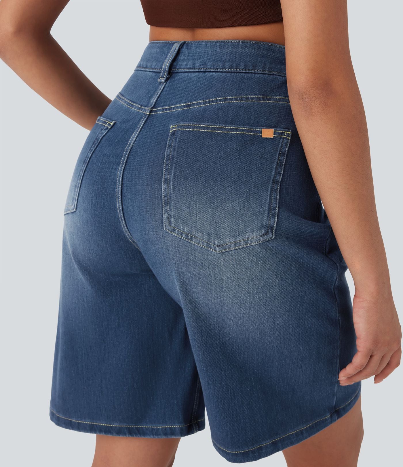 Bermuda en jean délavé Halara Flex™ taille haute à poches multiples