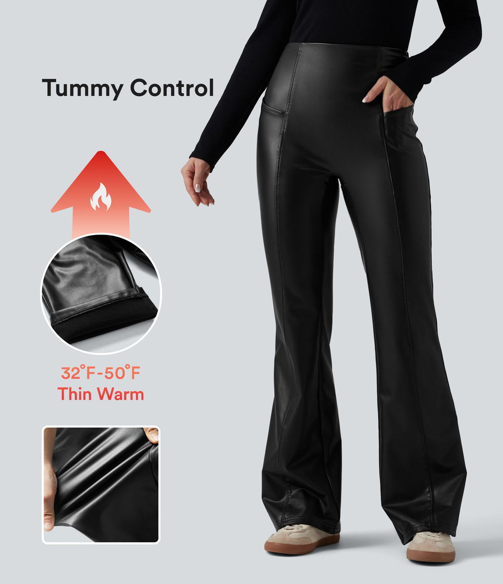 Pantalon évasé décontracté taille haute gainant en molleton PU extensible avec poches