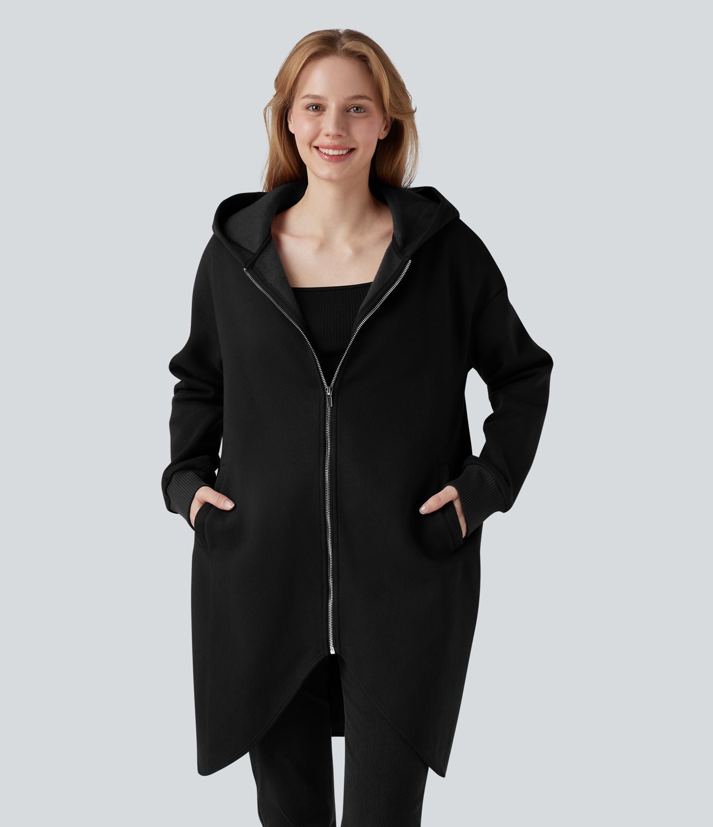 Sweat-shirt long en coton à capuche zippé à manches longues avec ourlet arrondi et poches