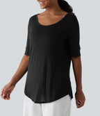 T-shirt décontracté long en maille côtelée col rond échancré, manches mi-longues et ourlet courbe