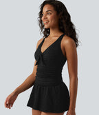Maillot de bain une pièce 2-en-1 col V en jacquard avec nœud frontal, bretelles réglables, effet push-up, ventre plat et fronces