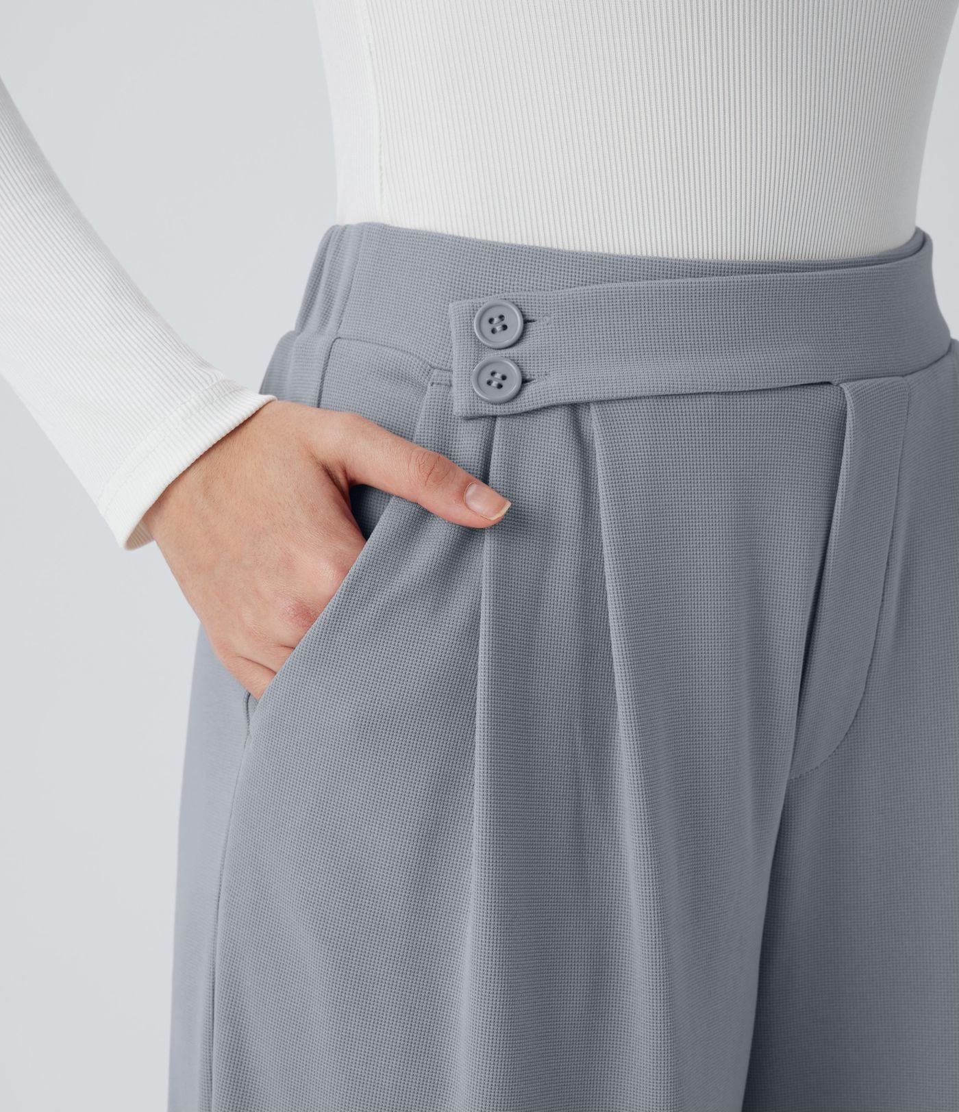 Pantalon taille haute décontracté large en maille gaufrée, avec poches