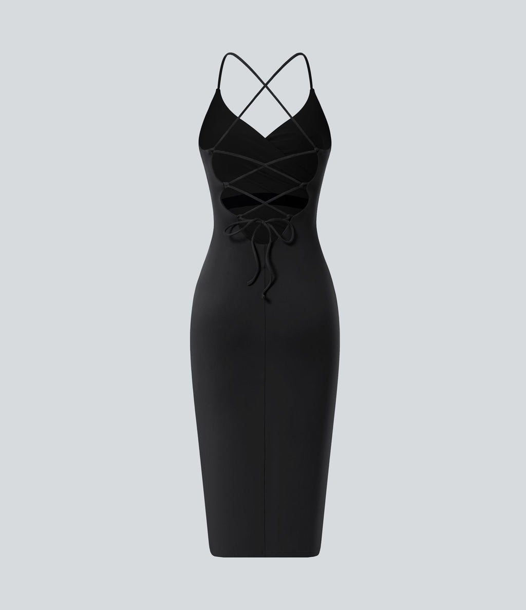 Robe moulante SoftlyZero™ Airy fendue à effet frais InstantCool, brassière intégrée, dos nu croisé à lacets, légèrement plissée pour invitée de mariage et demoiselle d'honneur