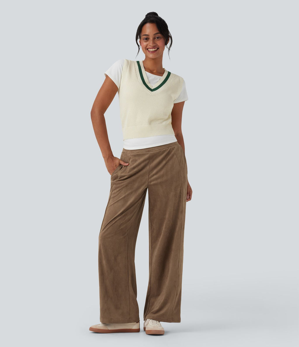 Pantalon ample décontracté suédine taille mi-haute avec poches