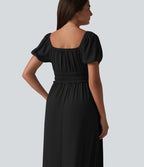 Robe longue fluide et décontractée en lin, à col carré, manches bouffantes, soutien-gorge intégré froncé et poches