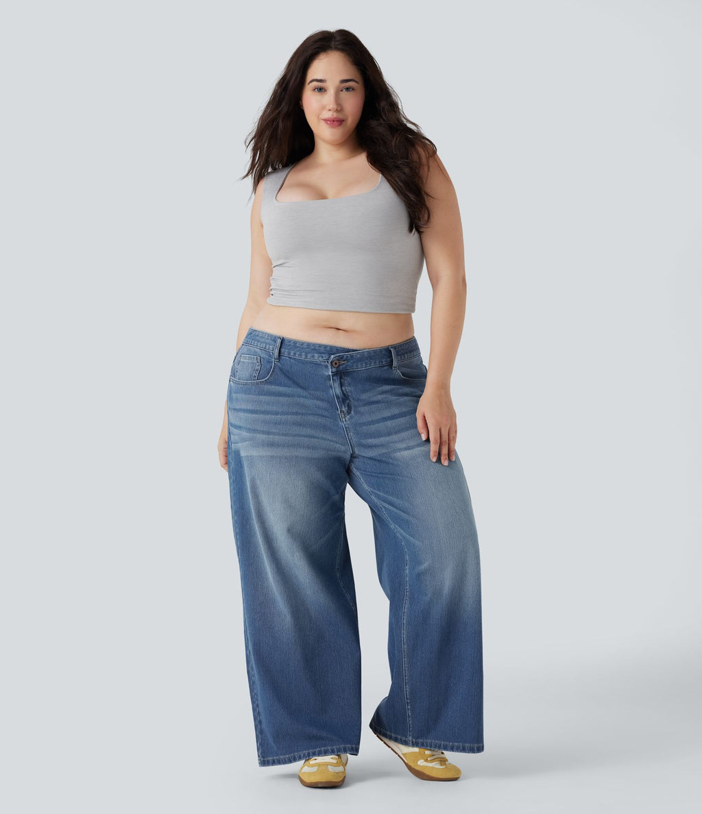 Jean décontracté grande taille Halara Flex™ asymétrique taille basse jambes larges effet délavé avec poches