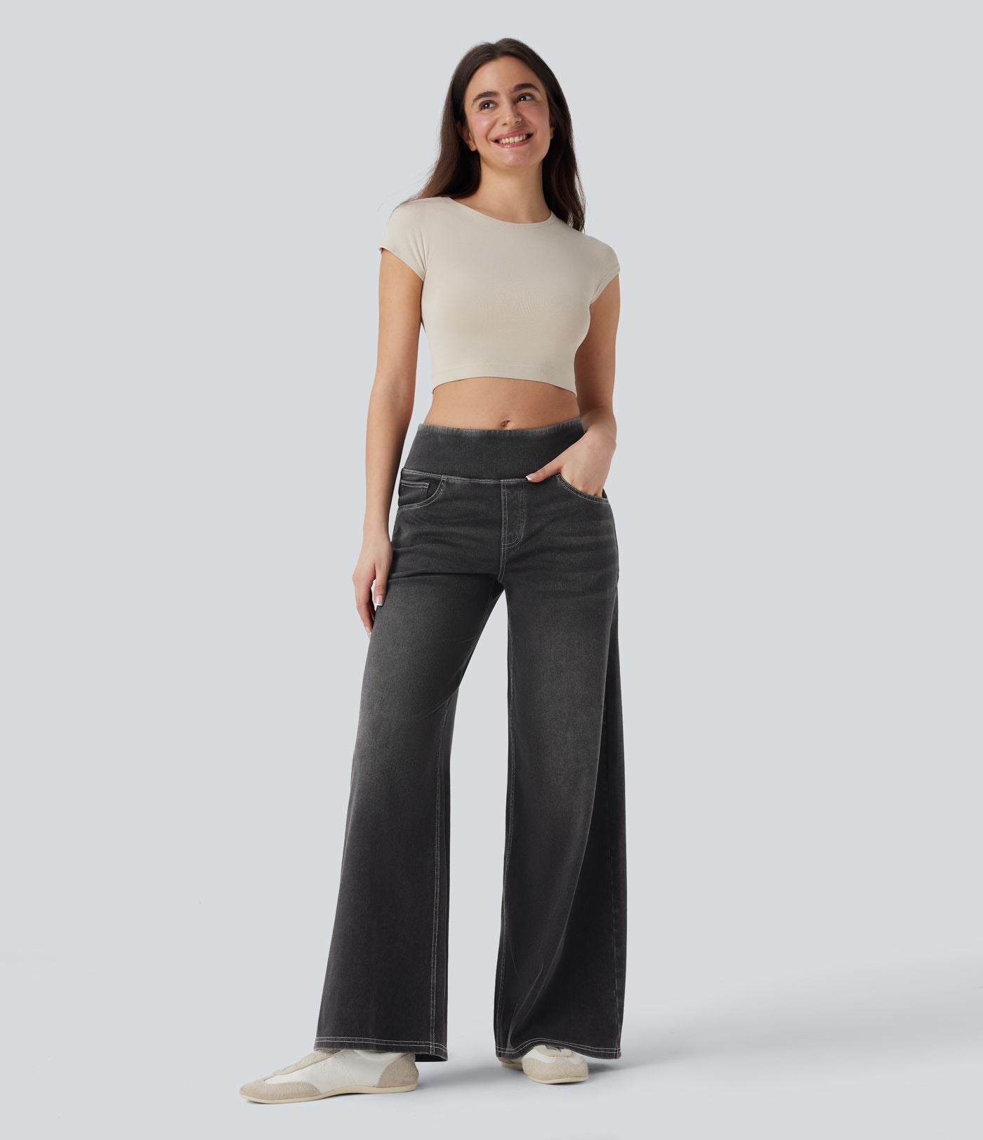 Jean décontracté ample gainant taille mi-haute avec poches Halara Flex™
