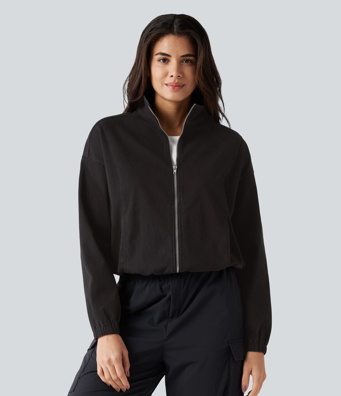 Veste en jean Halara Flex™ à col montant avec manches longues, zip et poches