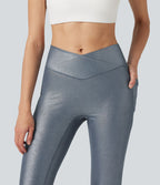 Legging de yoga en maille côtelée taille haute croisée avec imprimé métallisé et poches