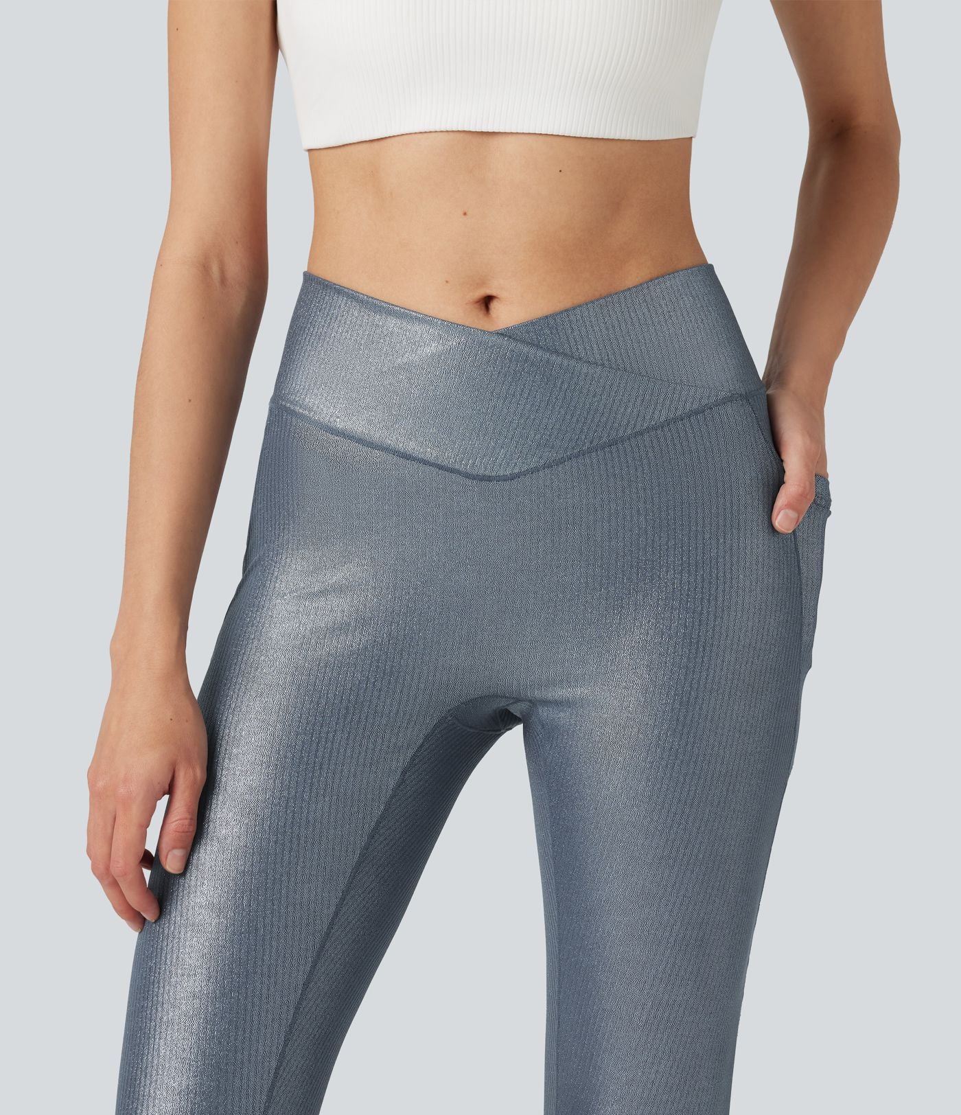 Legging de yoga en maille côtelée taille haute croisée avec imprimé métallisé et poches