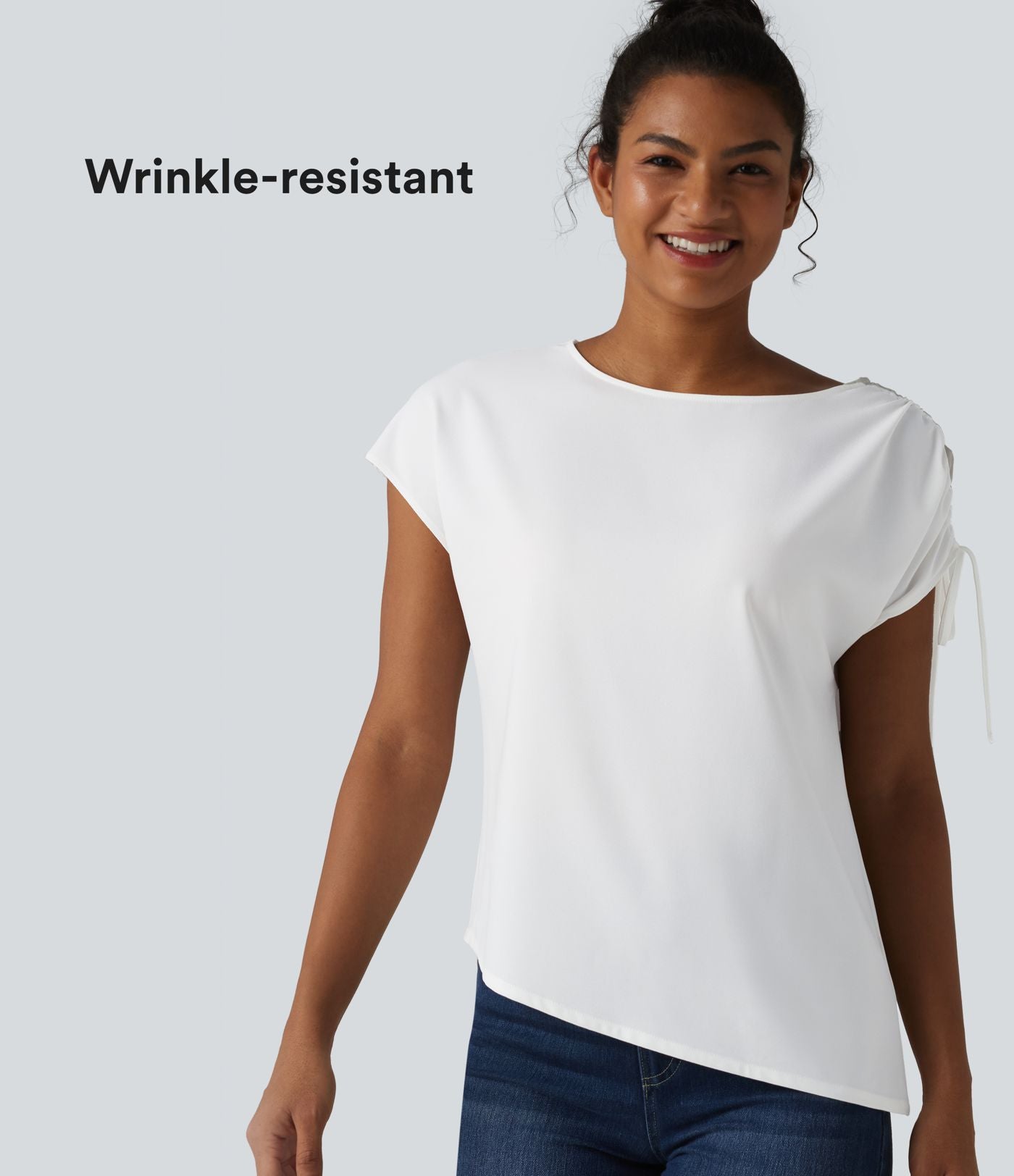 T-shirt tailleur en mousseline infroissable col bateau avec cordon de serrage et ourlet asymétrique