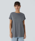 T-shirt Casual Relax à Col Rond Poche Poitrine Ourlet Fendu