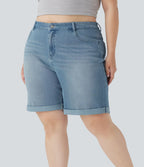 Short bermuda casual denim grande taille Halara Flex™ tricot extensible délavé taille haute multiples poches ourlet roulotté