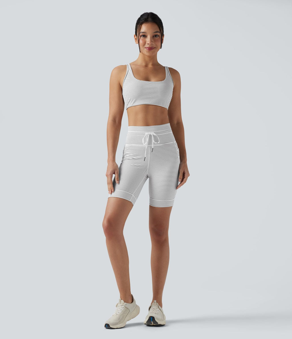 Short cycliste de yoga taille haute à rayures avec cordon de serrage 17,5 cm et poches