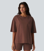 T-shirt décontracté en coton col rond manches mi-longues coupe ample à séchage rapide