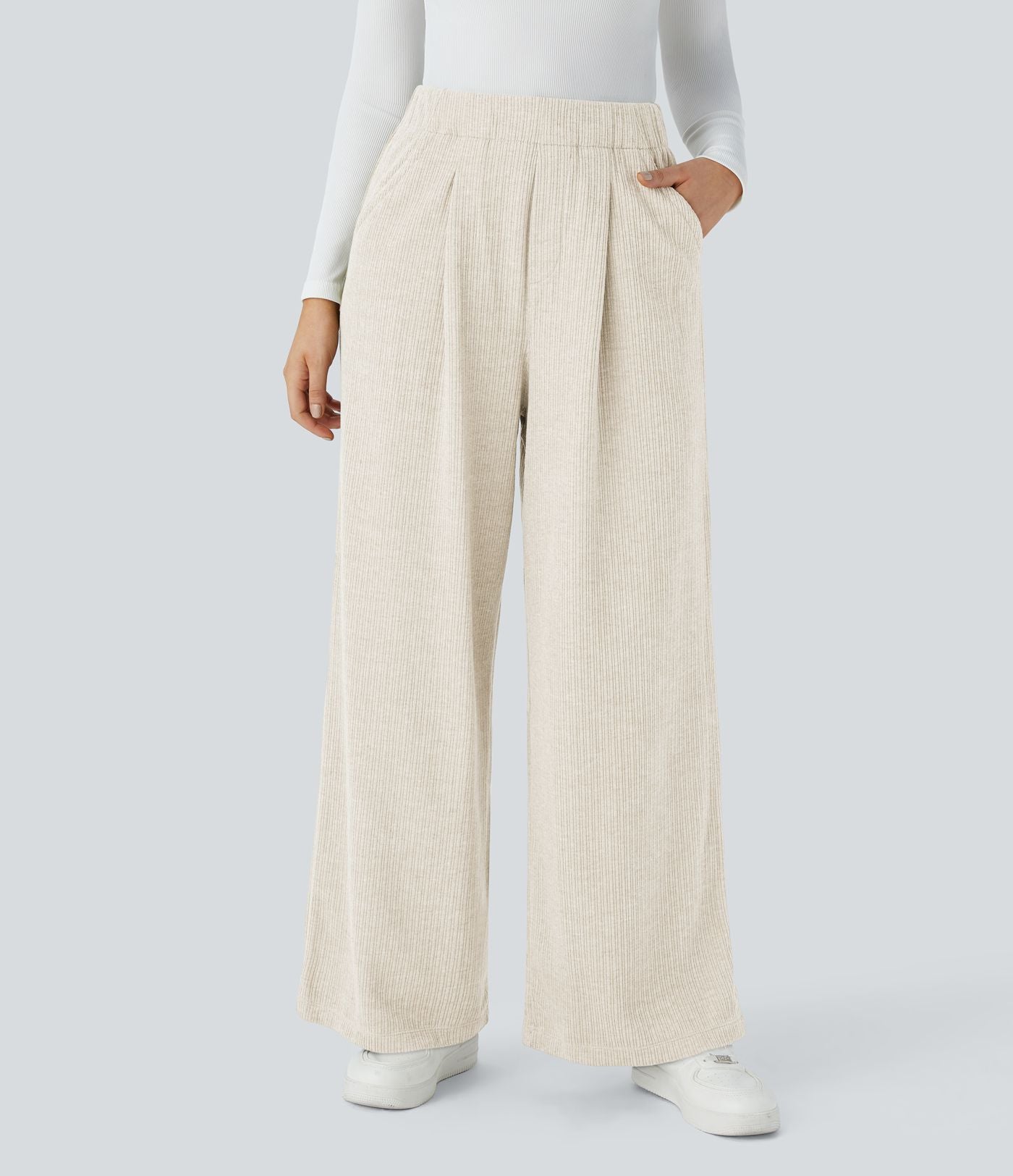Pantalon décontracté large côtelé, taille haute, avec poches