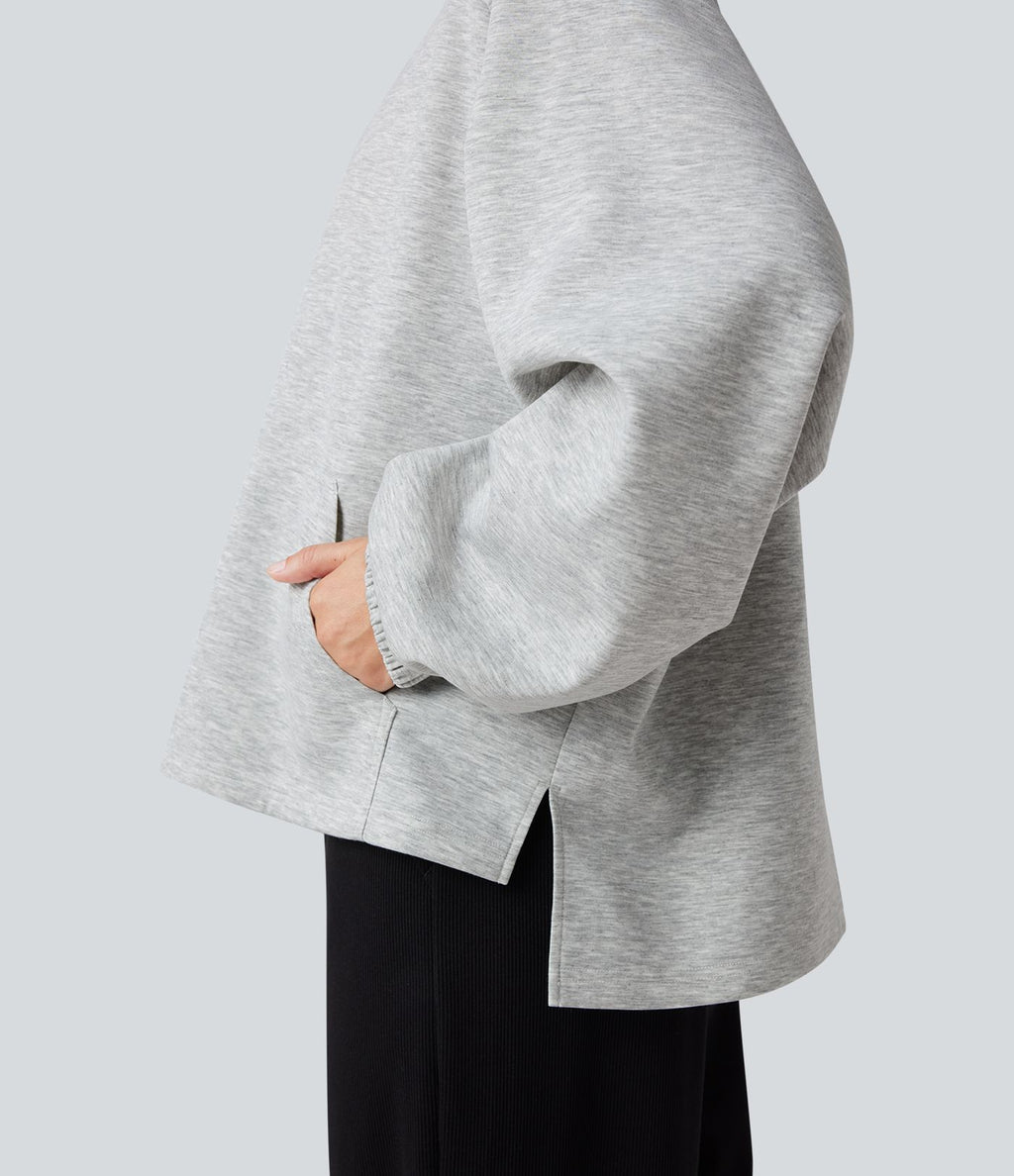 Sweat-shirt col montant à manches longues ourlet asymétrique avec poche