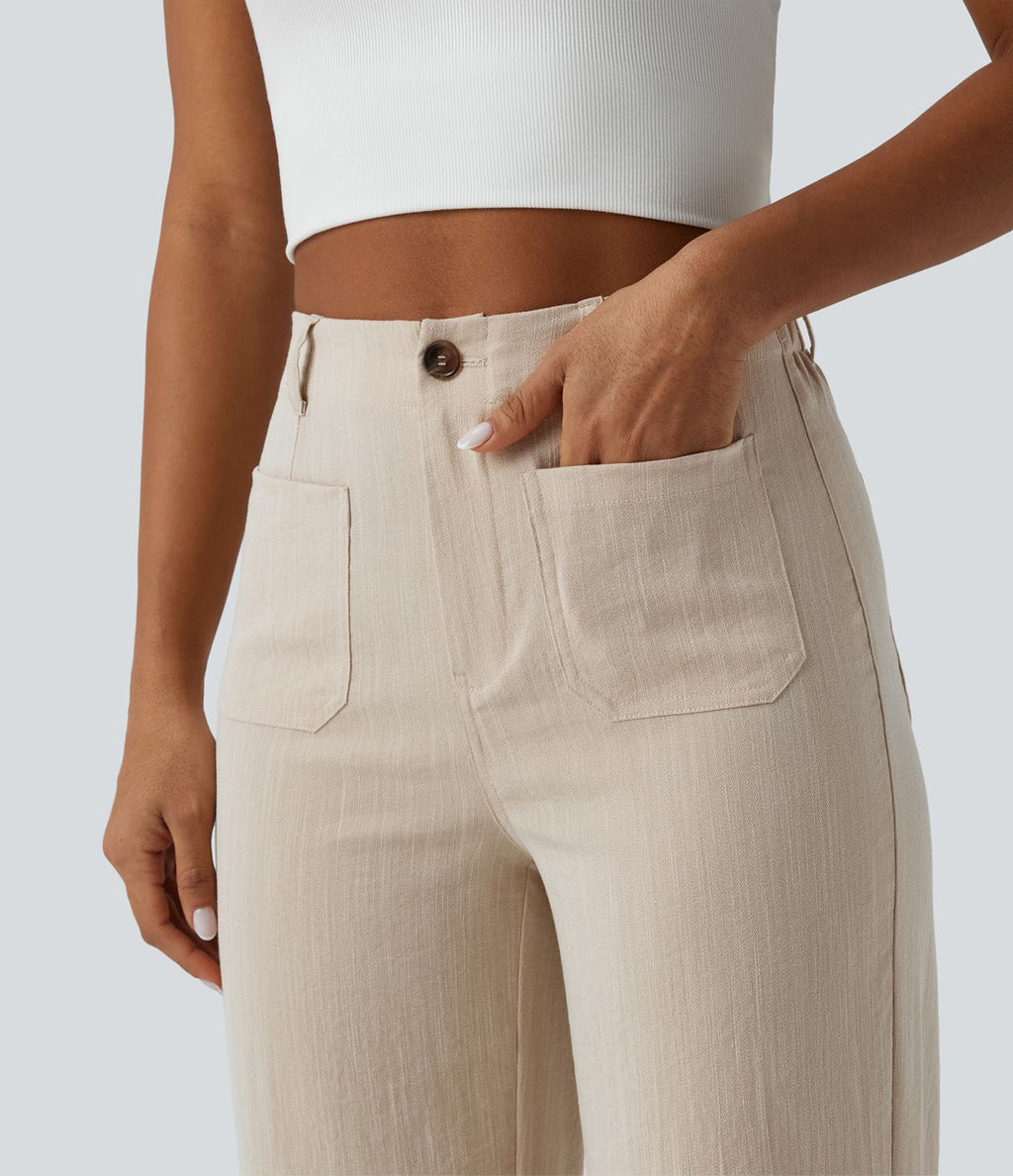 Pantalon taille haute coupe droite effet lin avec poches