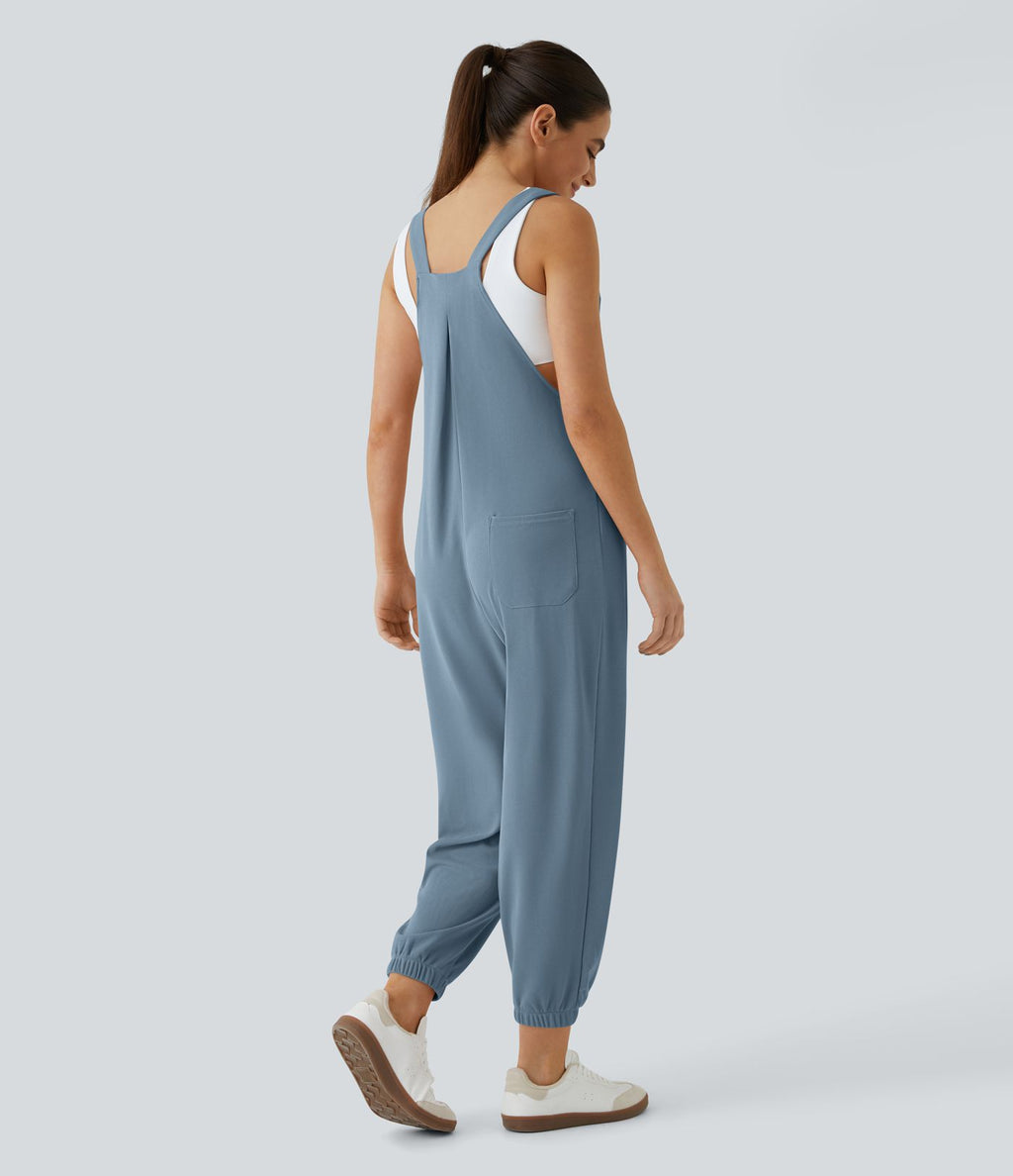 Salopette Casual Bretelles Ajustables Boutonnés Multiples Poches Plis et Tissu Gaufré