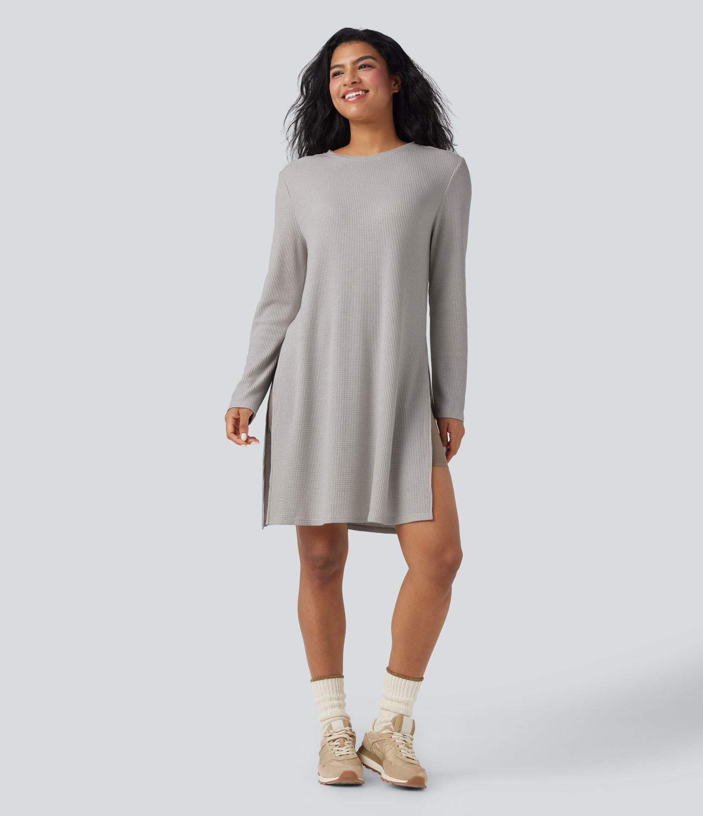 Sweat décontracté long col rond manches longues maille gaufrée