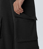 Pantalon cargo décontracté large à cordon côtelé, taille mi-haute, avec poches